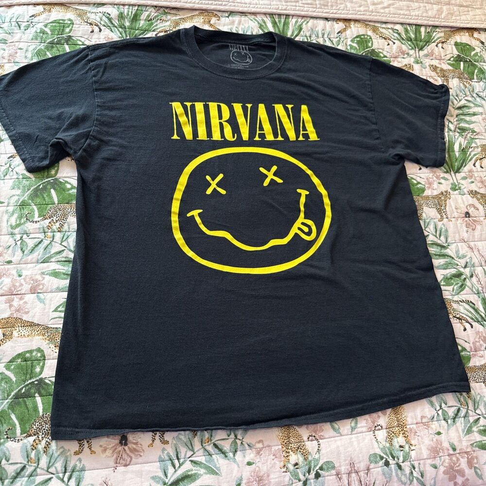 Nirvana Smiley Face Graphic Black T-Shirt Yellow Logo, Size XL